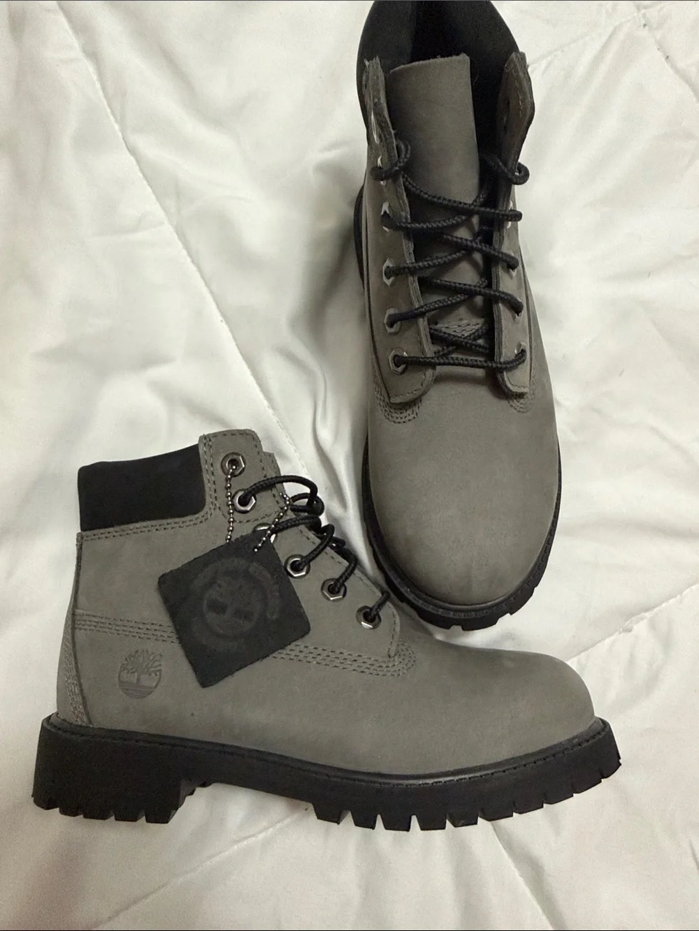 Boy’s gray Timberland Lace-Up Boots with Black Lug Sole